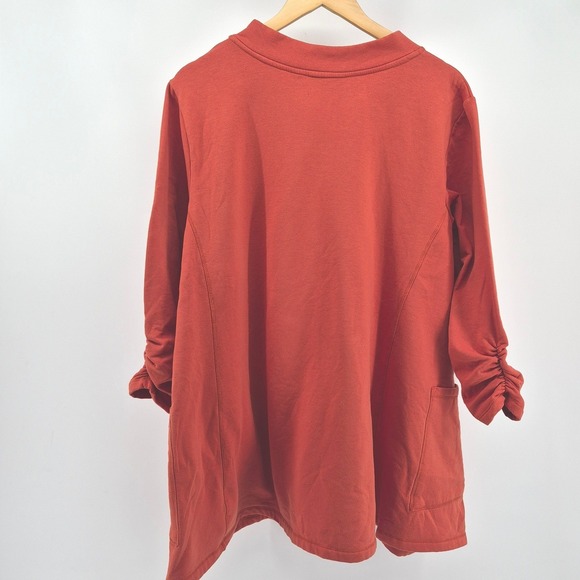 Susan Graver Orange V Neck Ruched Sleeve Sweatshirt Tunic Top Sz 2X Cozy Lounge - Picture 9 of 11